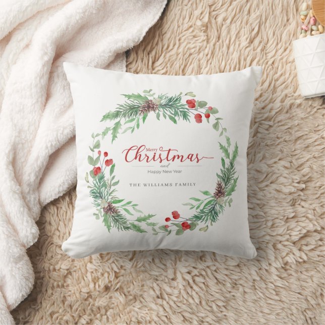 Christmas Greenery Watercolor Personalized Throw P Kissen (Decke)