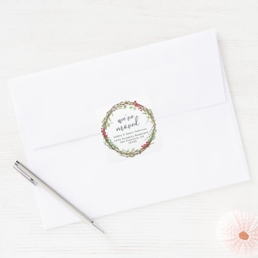 Christmas Greenery We've Moved New Address label Quadratischer Aufkleber (Umschlag)