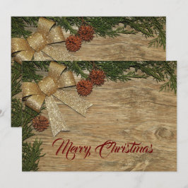 Christmas Greeting Golden Bow Green Leaves Red Feiertagskarte