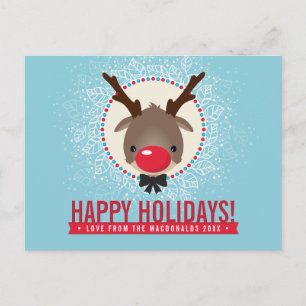 CHRISTMAS GREETING Rote Nase Rentiere Rudolph Blau Feiertagspostkarte