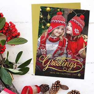Christmas Greetings Gold Brush Script Family Foto Feiertagskarte