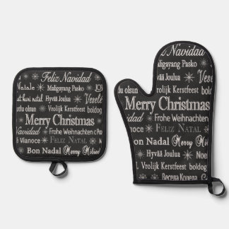 Christmas Greetings Multiple Languages Chalkboard Ofenhandschuh & Topflappen-Set