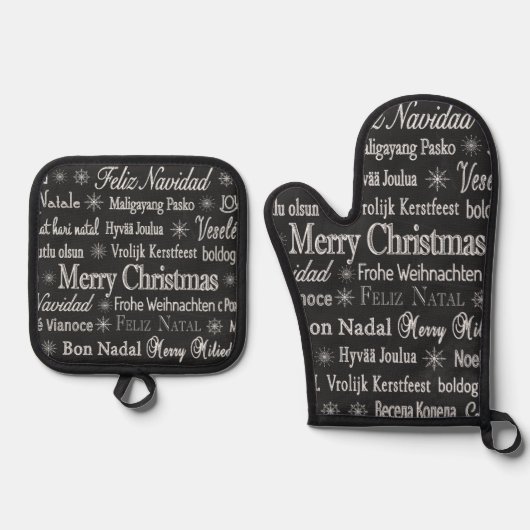Christmas Greetings Multiple Languages Chalkboard Ofenhandschuh & Topflappen-Set (Vorderseite)
