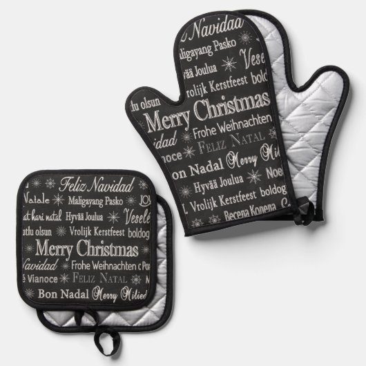 Christmas Greetings Multiple Languages Chalkboard Ofenhandschuh & Topflappen-Set (Vorderseite/Rückseite)