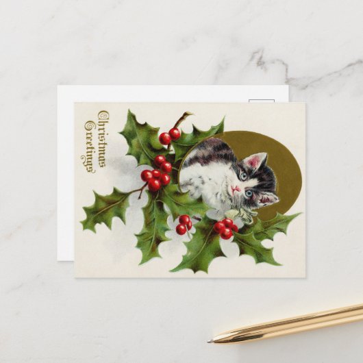 Christmas Greetings Vintage Kitty Card Postkarte (Vorderseite/Rückseite Beispiel)