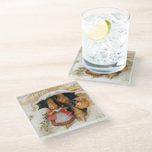 "Christmas Greetings" von Beatrix Potter Glasuntersetzer (Schrägansicht)