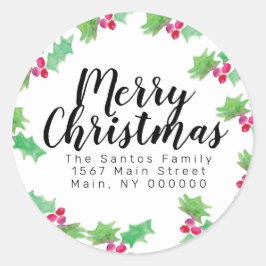 Christmas Hand Watercolor Holly Berry Adresse Runder Aufkleber