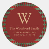 Christmas Harlequin Pattern Red Green Gold Adresse Runder Aufkleber (Vorderseite)