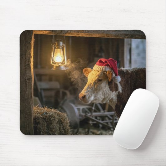 Christmas Hereford Cow in a Barn Mousepad (Mit Mouse)