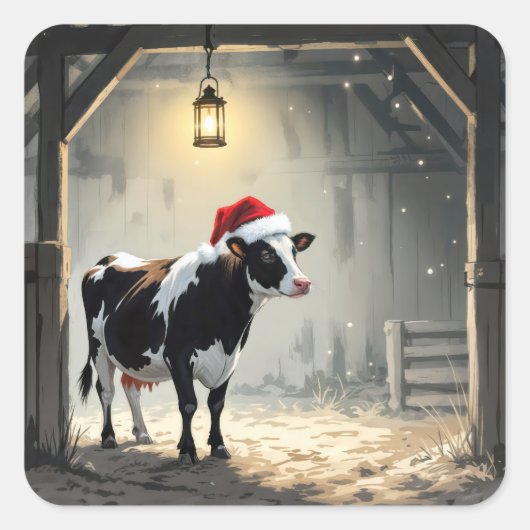 Christmas Hereford Cow In Barn Doorway Quadratischer Aufkleber (Vorderseite)
