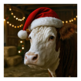 Christmas Hereford Cow Wearing a Santa Hat Poster