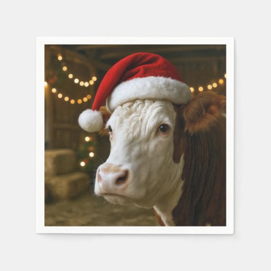 Christmas Hereford Cow Wearing a Santa Hat Serviette (Vorderseite)
