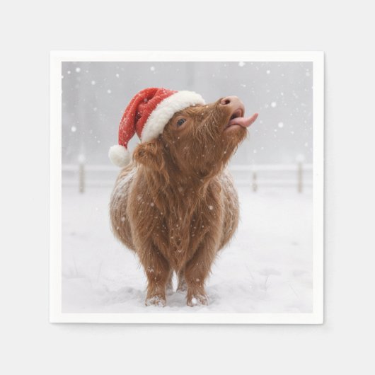 Christmas Highland Cow Catching Snowflakes Serviette (Vorderseite)