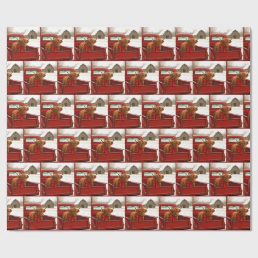 Christmas Highland Cow In Old Red Pickup Truck Geschenkpapier (Flach)