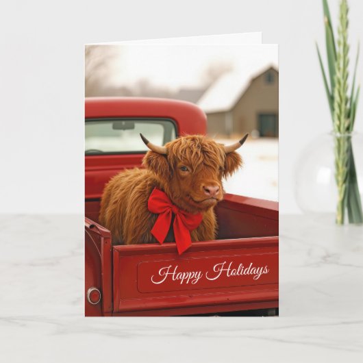 Christmas Highland Cow In Old Red Pickup Truck Karte (Vorderseite)