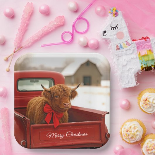 Christmas Highland Cow In Old Red Truck Pappteller (Party)