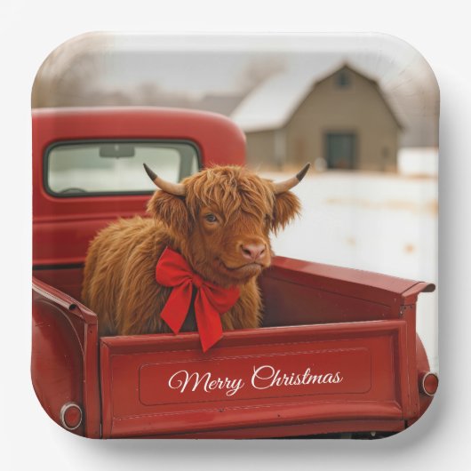 Christmas Highland Cow In Old Red Truck Pappteller (Vorderseite)