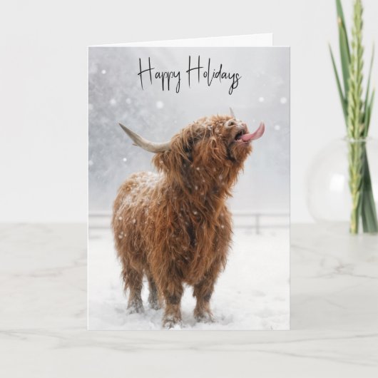Christmas Highland Cow Licking Snowflakes Card Karte (Vorderseite)