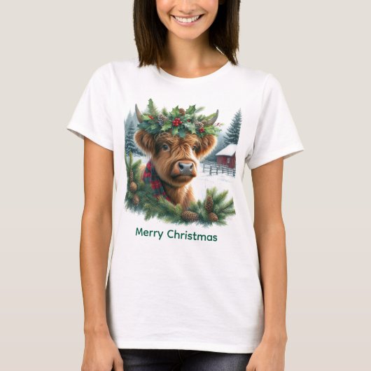 Christmas Highland Cow with Pine T-Shirt (Vorderseite)