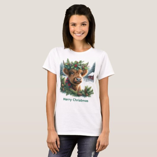 Christmas Highland Cow with Pine T-Shirt (Vorne ganz)