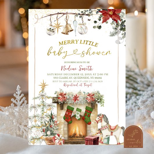 Christmas Holiday Fireplace Baby Shower Einladung