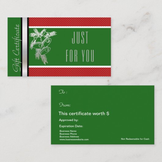 Christmas Holiday Gift Card Certificate Green Red Rabattkarte (Vorne/Hinten)