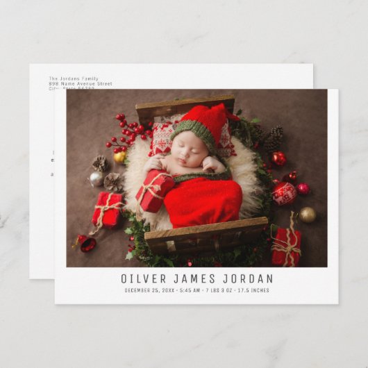 Christmas Holiday Newborn Baby Birth Announcement Postkarte (Vorne/Hinten)