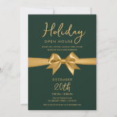 Christmas Holiday Open House Gold Bow Green Einladung (Vorderseite)