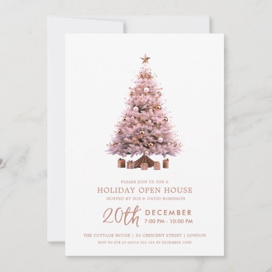 Christmas Holiday Open House Rose Gold Xmas Tree Einladung (Vorderseite)