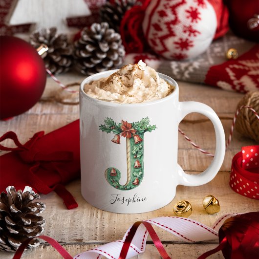 Christmas Holly & Bells Letter J Personalized Name Kaffeetasse