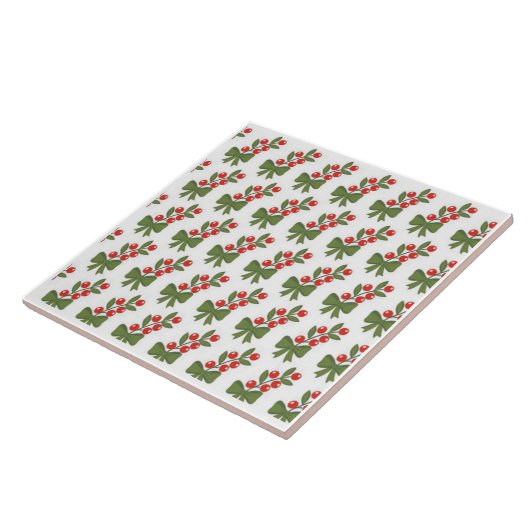 Christmas Holly Berries & Green Bow Pattern Fliese (Seite)