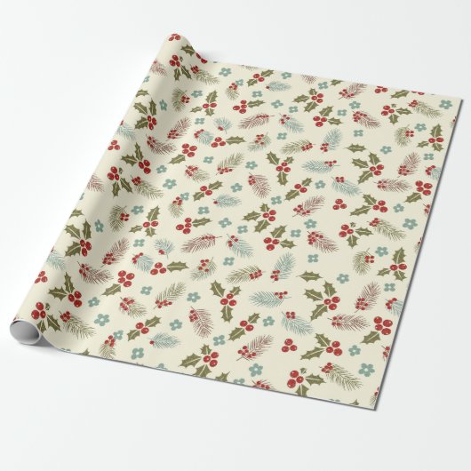 Christmas Holly Berries & Pine Seamless Pattern Geschenkpapier (Ungerollt)