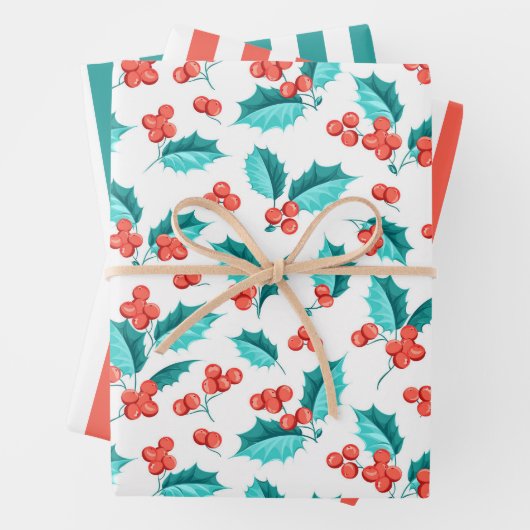 Christmas Holly Berries Wrapping Paper Set 3 Geschenkpapier Set (Beispiel)