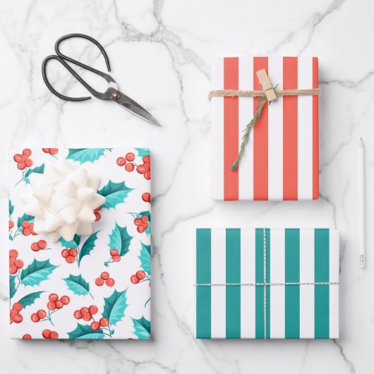 Christmas Holly Berries Wrapping Paper Set 3 Geschenkpapier Set (Vorderseite)
