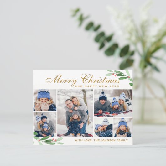 Christmas Holly Berry 6 FOTO Collage Gruß Postkarte (Stehend Vorderseite)