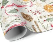 Christmas Holly Berry Cinnamon Orange Red Ribbon Geschenkpapier (Rolleneckpunkt)