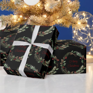Christmas Holly Berry Pine Cones Wreath Black Geschenkpapier