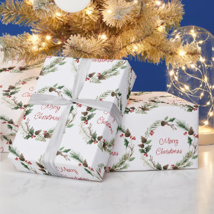 Christmas Holly Berry Pine Cones Wreath Geschenkpapier