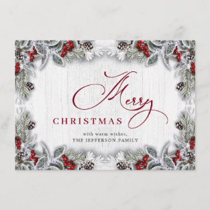 Christmas Holly Berry Pine Rustic Wood Gruß Feiertagskarte