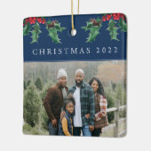 Christmas Holly Berry Simple Custom Foto Blue Keramikornament (Links)