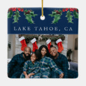Christmas Holly Berry Simple Custom Foto Blue Keramikornament (Rückseite)