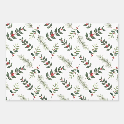 Christmas Holly Berry und Pine Branches White Geschenkpapier Set (Vorderseite 3)