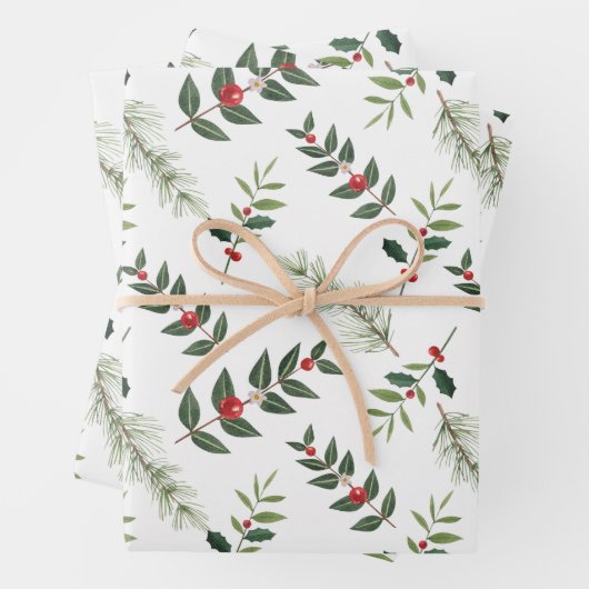 Christmas Holly Berry und Pine Branches White Geschenkpapier Set (Beispiel)