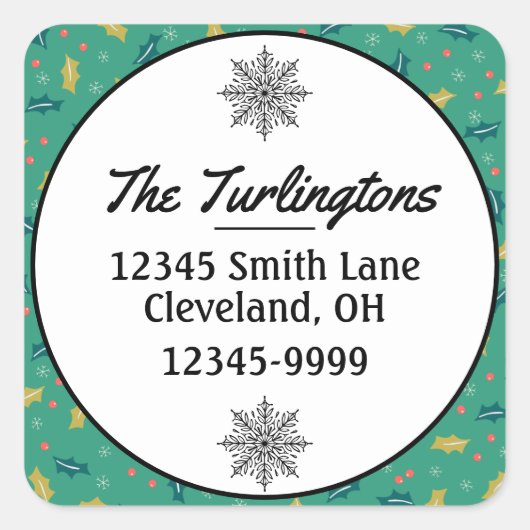 Christmas Holly Blätter & Berries Rücksendeadresse Quadratischer Aufkleber (Vorderseite)