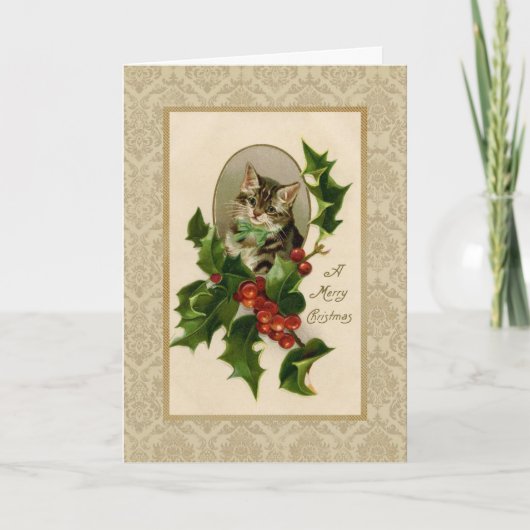 Christmas Holly Cat Vintag Reproduction Karte (Vorderseite)
