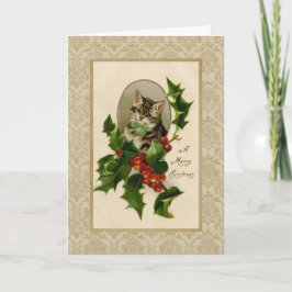 Christmas Holly Cat Vintag Reproduction Karte