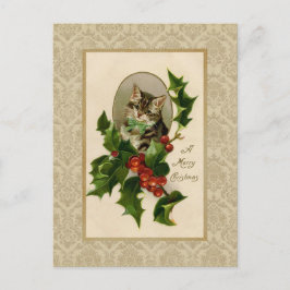 Christmas Holly Cat Vintag Reproduction Postcard Feiertagspostkarte