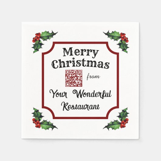 Christmas Holly Custom QR Code Restaurant (50) Serviette (Vorderseite)