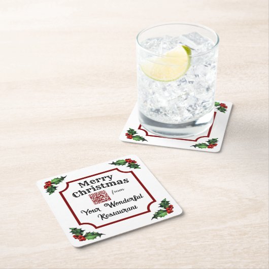 Christmas Holly Custom QR Code Restaurant Rechteckiger Pappuntersetzer (Vor Ort)