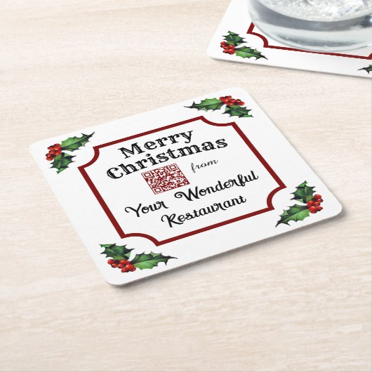 Christmas Holly Custom QR Code Restaurant Rechteckiger Pappuntersetzer (angewinkelt)